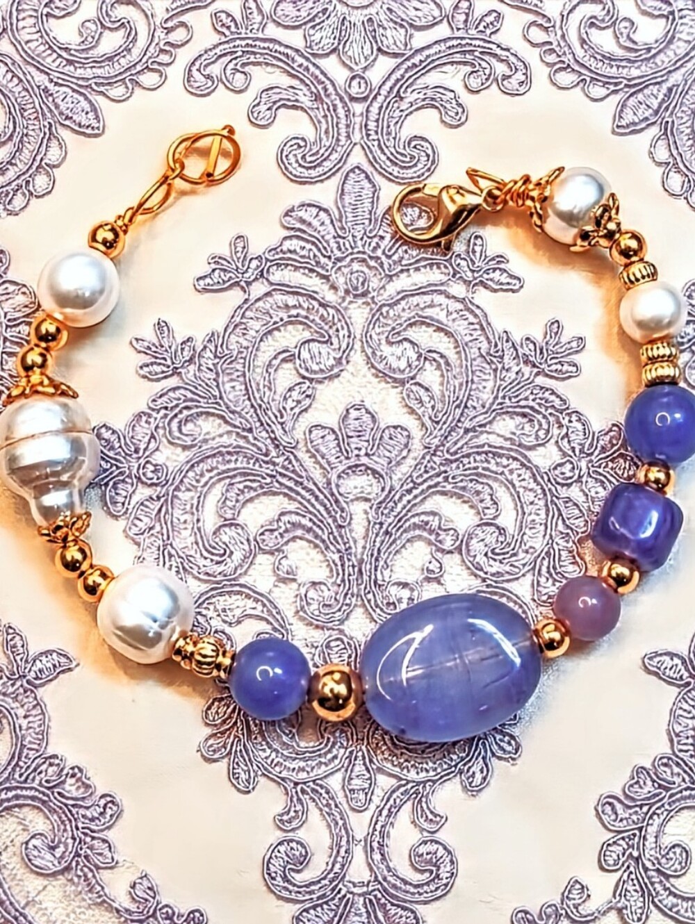 Genuine Lavender Jade Baroque Pearls In Assymetrical Freeform  Artisan Bracelet